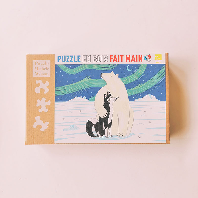 puzzle en bois 12 pièces enfant 3 ans l'ours et le husky aurore boréale michèle wilson