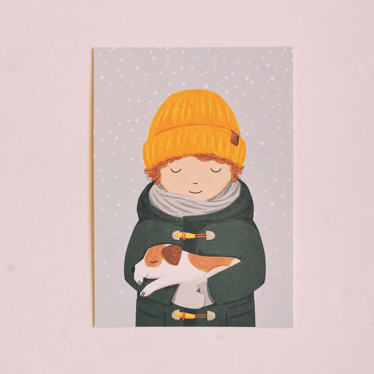 Carte postale illustrée - Garçon et son chien en hiver