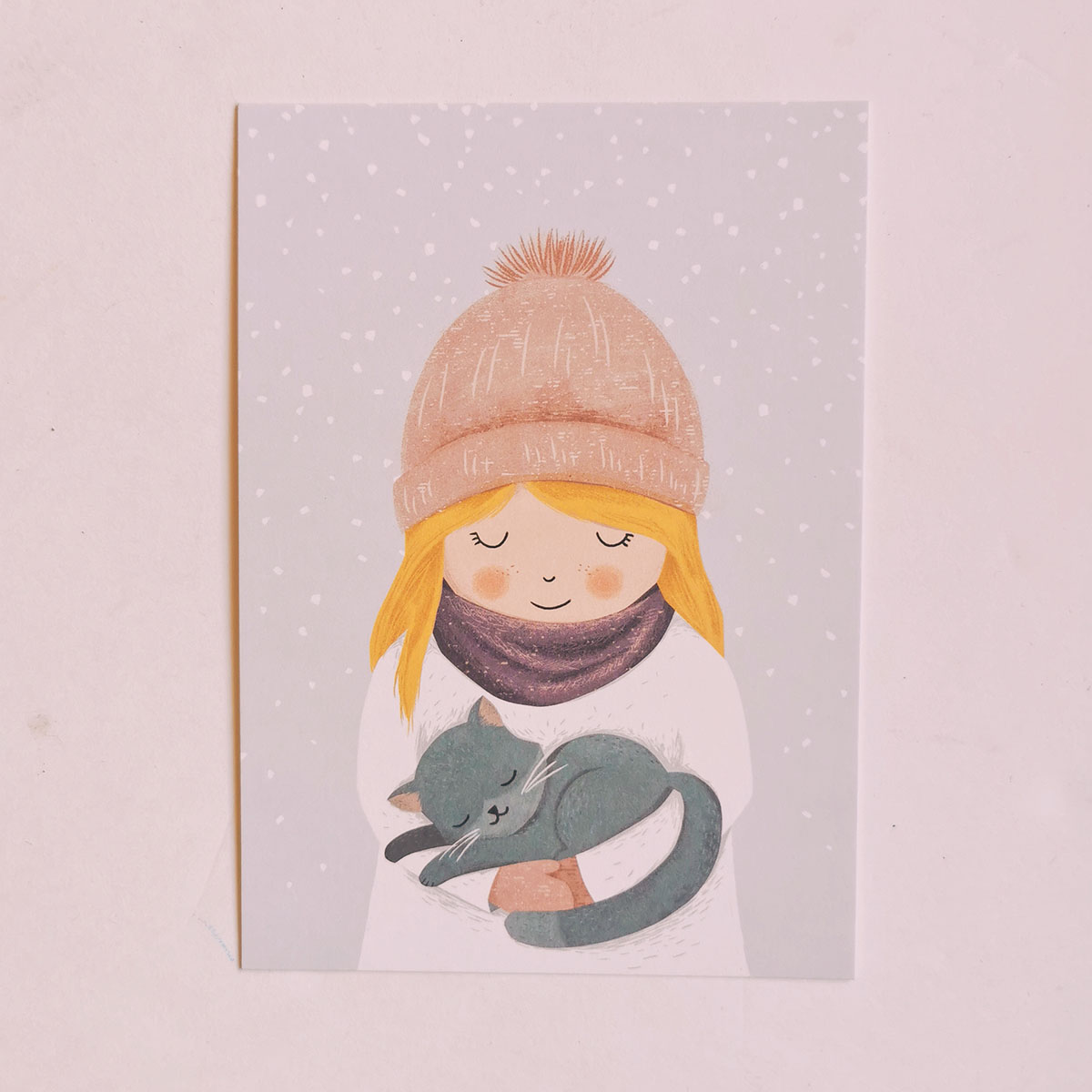 Carte postale illustrée - Fillette et son chat en hiver