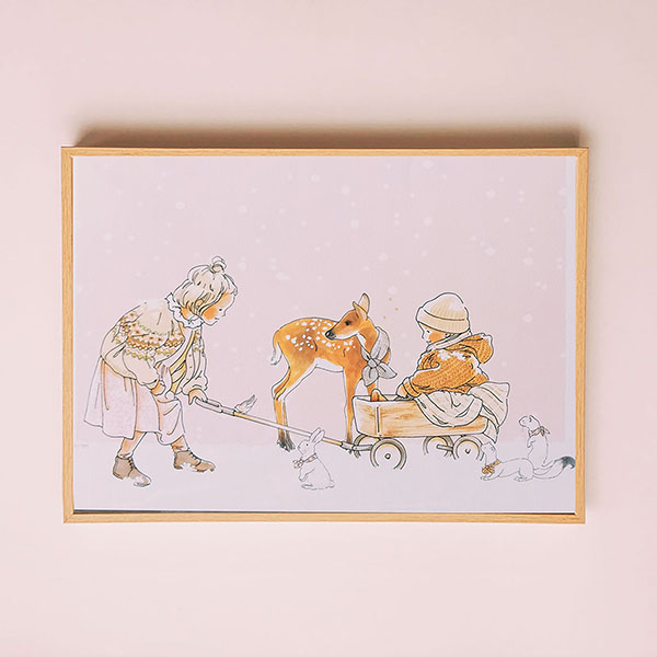 enfants-et-faon-hiver-cadre-affiche-A3-decoration-enfant-by-BM
