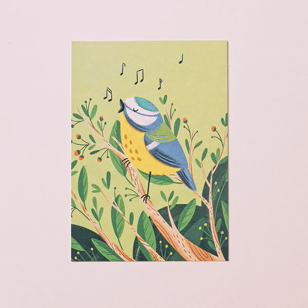 Carte postale mésange bleue qui chante