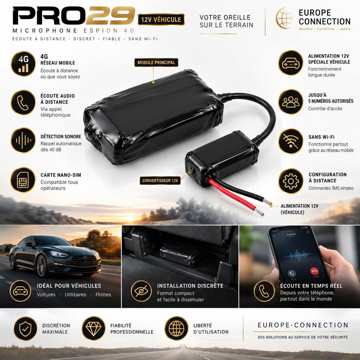Microphone espion PRO29 version 12v pour véhicule