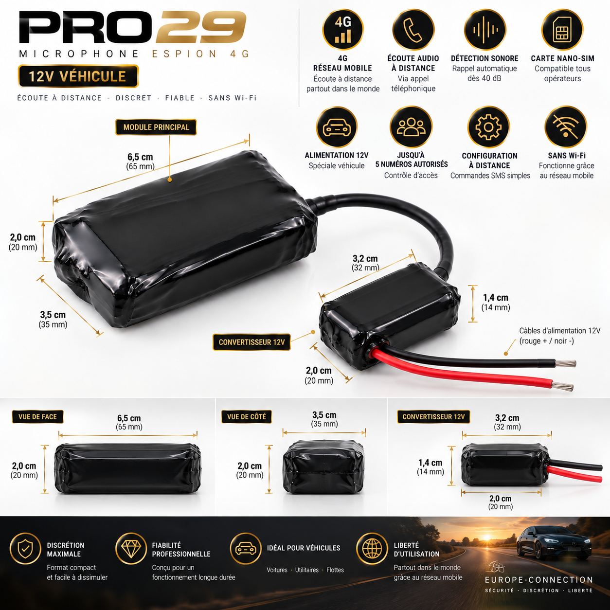 Microphone espion PRO29 version 12v pour véhicule