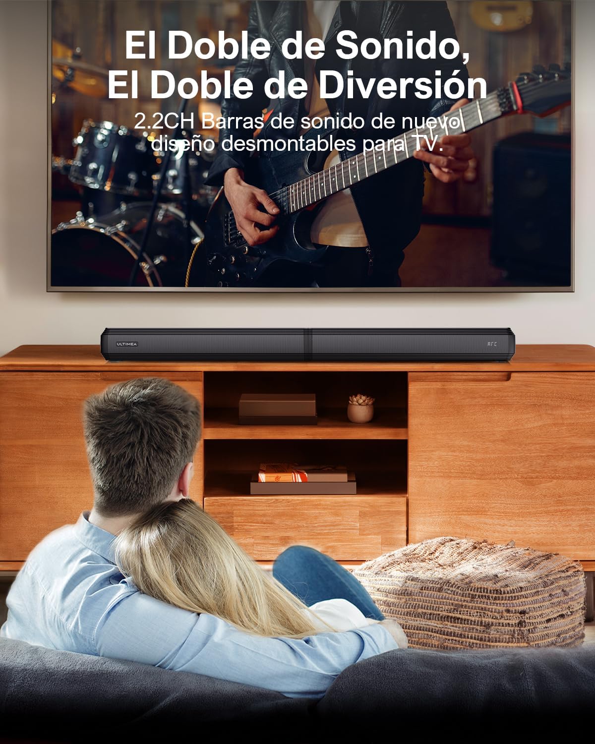 Barre de son entière posée sur un meuble devant le téléviseur