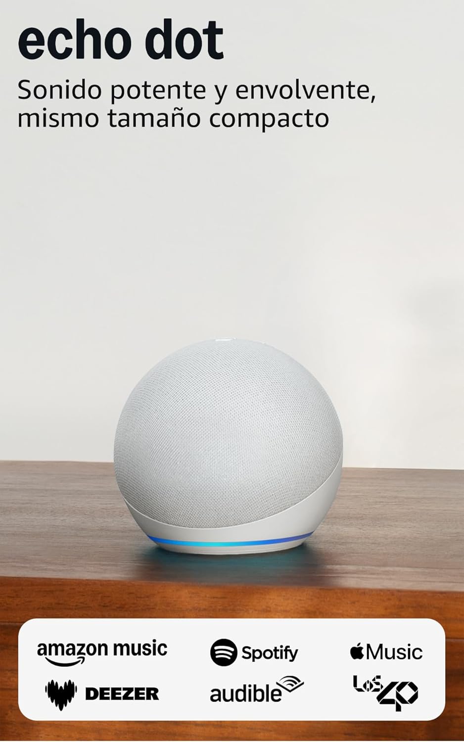 Echo Dot posé sur un meuble et présentation des services audio