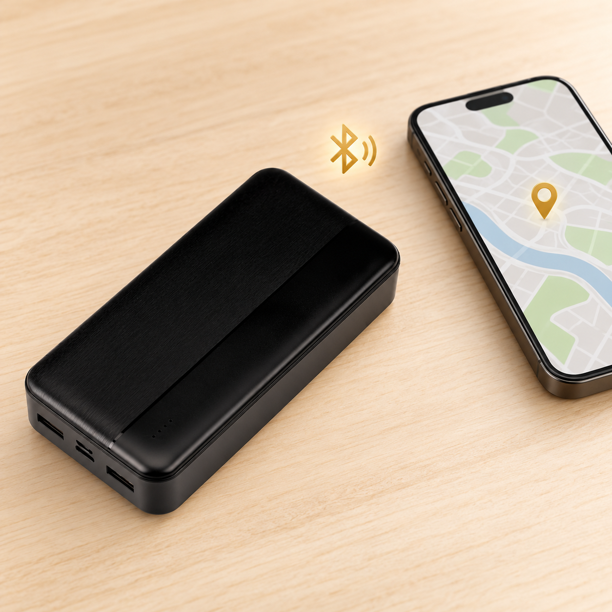 Batterie externe à localisateur Bluetooth caché près d’un smartphone affichant une carte et un repère doré