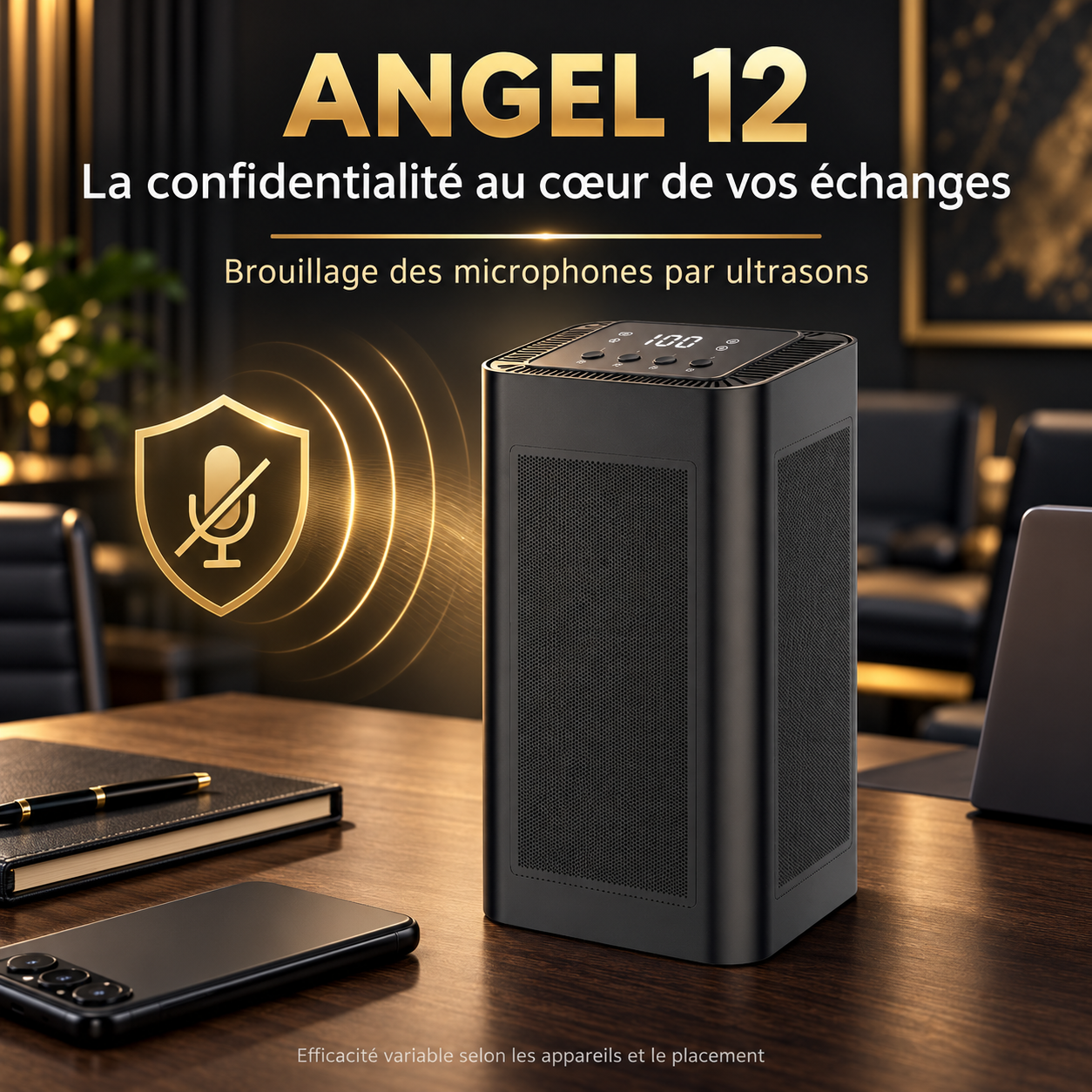 ANGEL 12 PRO MAX posé sur une table de réunion avec pictogramme de confidentialité doré