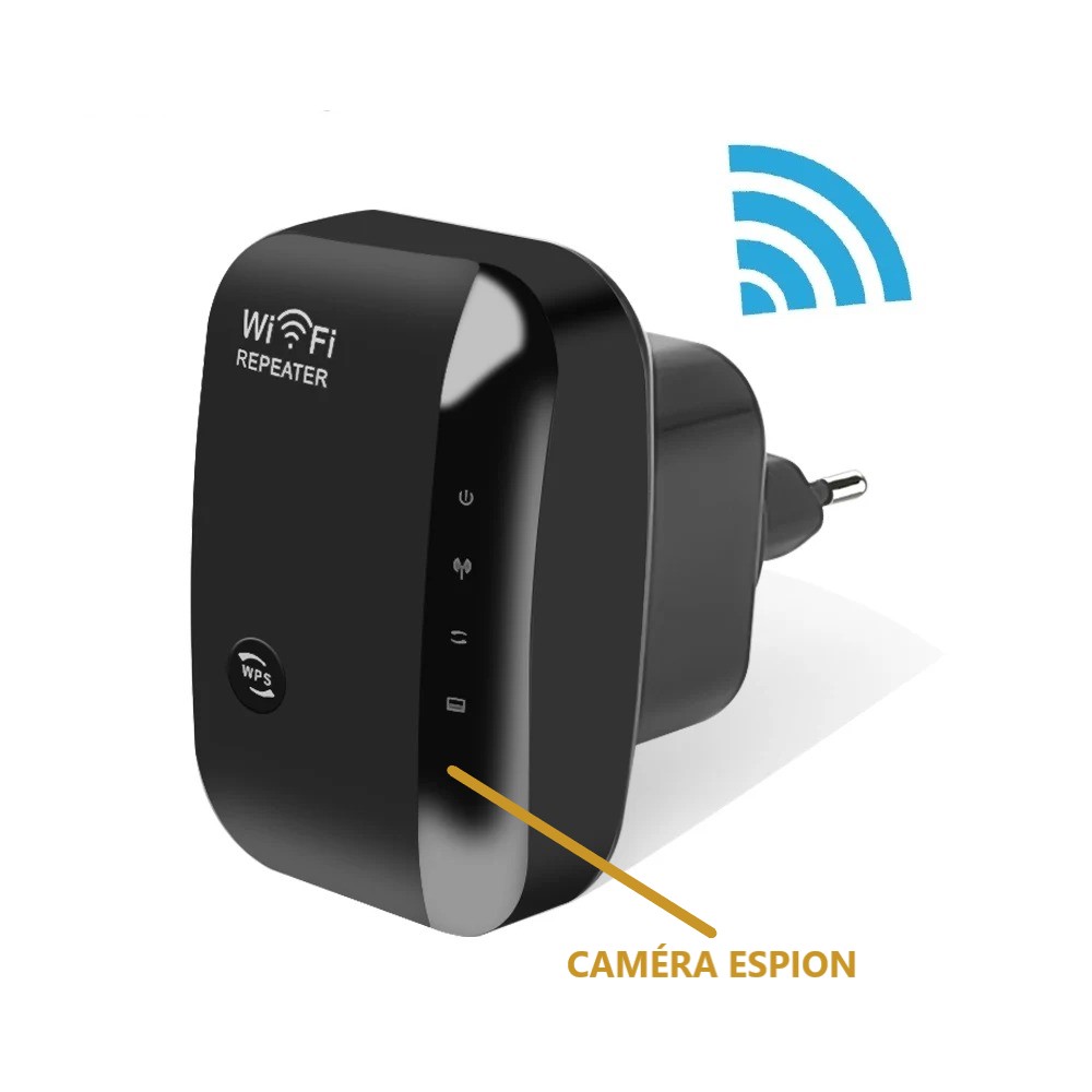 Répéteur Wi-Fi caméra espion avec emplacement de l’objectif indiqué