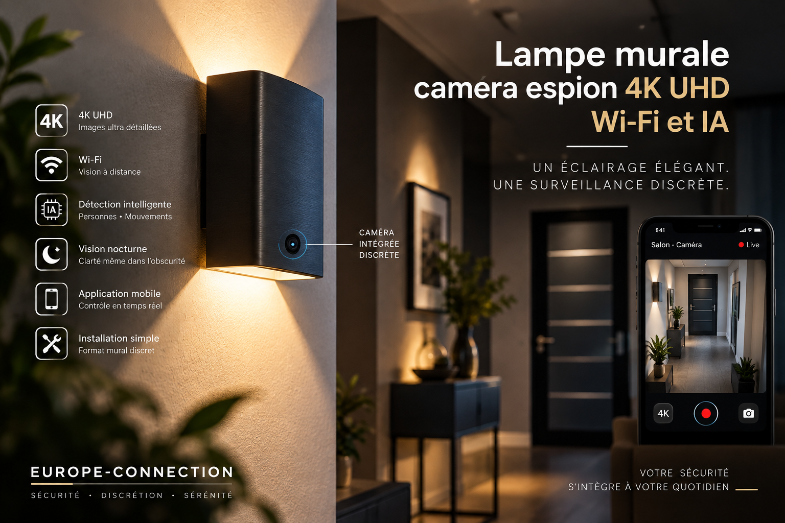 Lampe murale caméra espion 4K UHD Wi‑Fi et IA : le bon format pour surveiller un accès