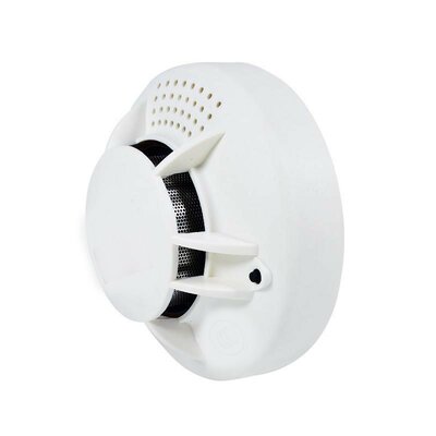 Détecteur de fumée blanc vu de trois quarts, microphone espion dissimulé