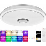 Caméra espion plafonnier Bluetooth : vue du luminaire blanc, télécommande, application et exemples de couleurs