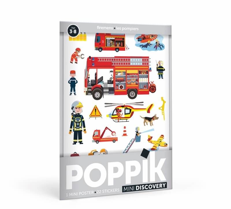 Poppik Mini poster Les Pompiers + 22 autocollants repositionnables 3-8 ans