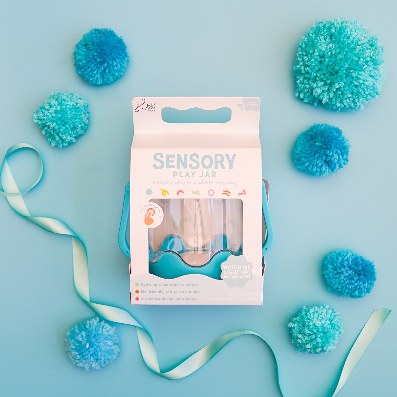 Bouteille de jeu sensoriel à remplir Glo Pals bleu1 - Grande