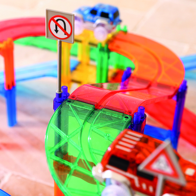 Cleverclixx Race Track Parcours à voitures Arc-en-ciel 65 pièces - Jeu magnétique