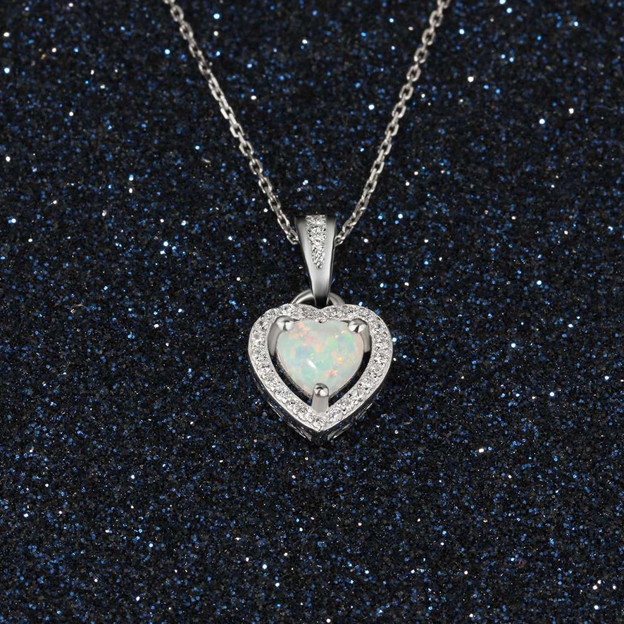 Chaine pendentif coeur opale argent boho boheme chic NECKLACE0646