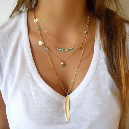 Collier chaines plume turquoises boho boheme chic NECKLACE0579
