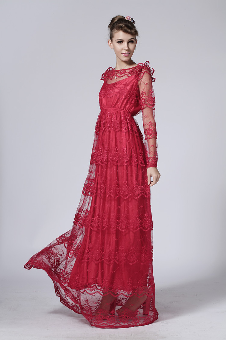 Robe longue dentelle rouge boho boheme chic dressl0667