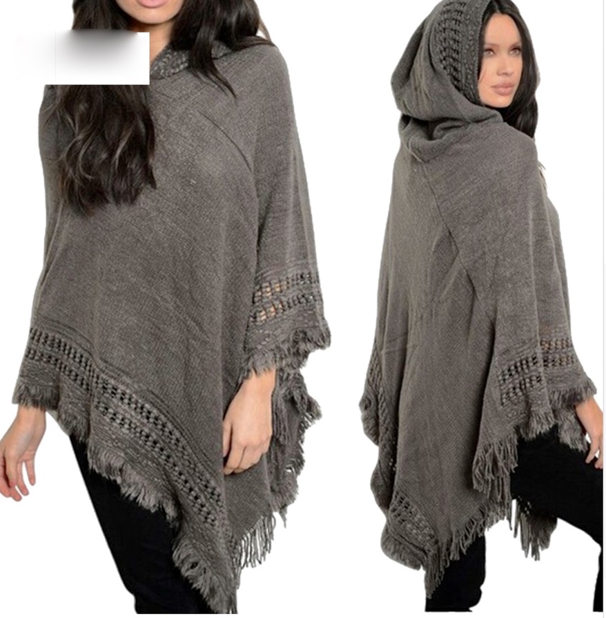 Poncho capuche franges boho boheme chic PONCHO0355