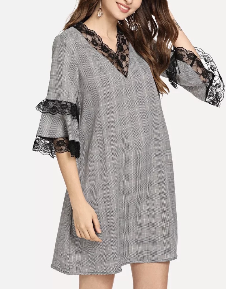 Robe évasée plaid dentelle boho bohème chic DRESS1484