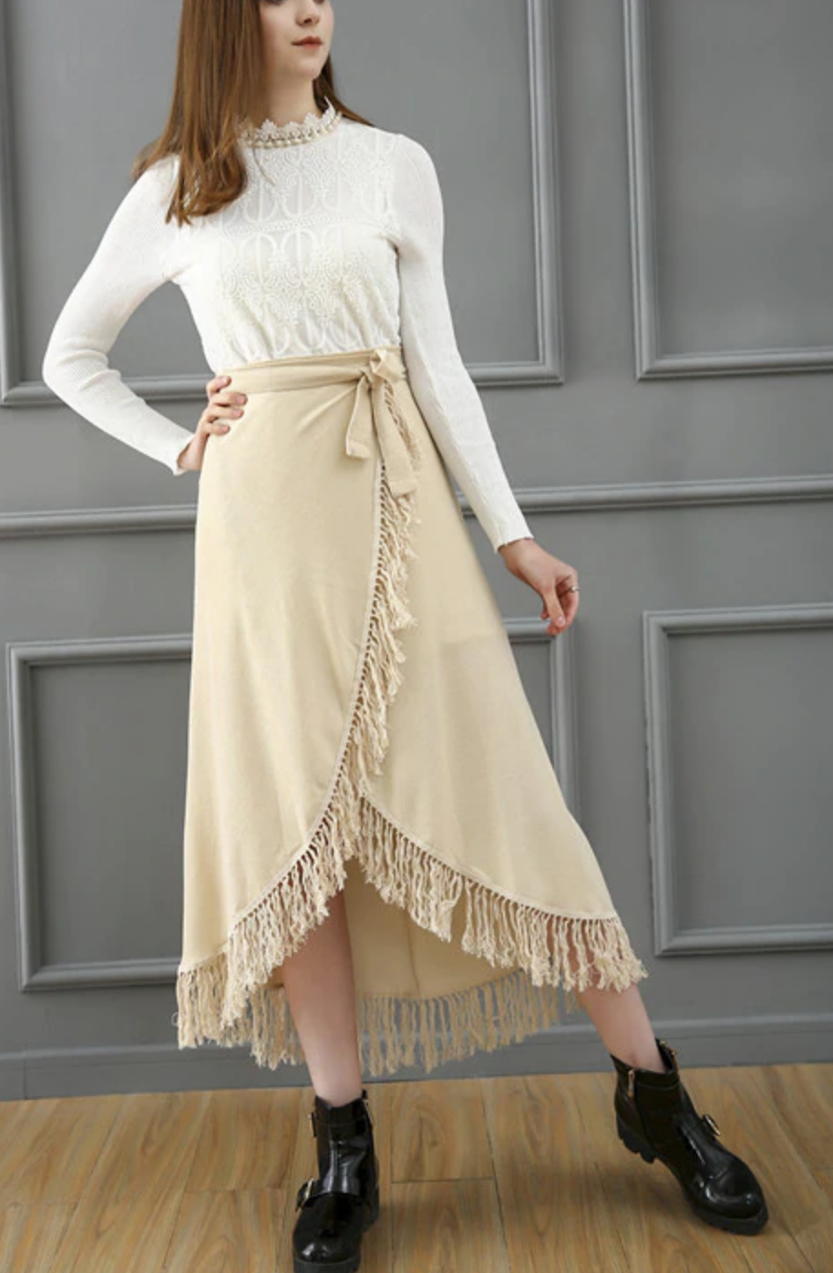 Jupe portefeuille franges beige boho boheme chic SKIRT0270