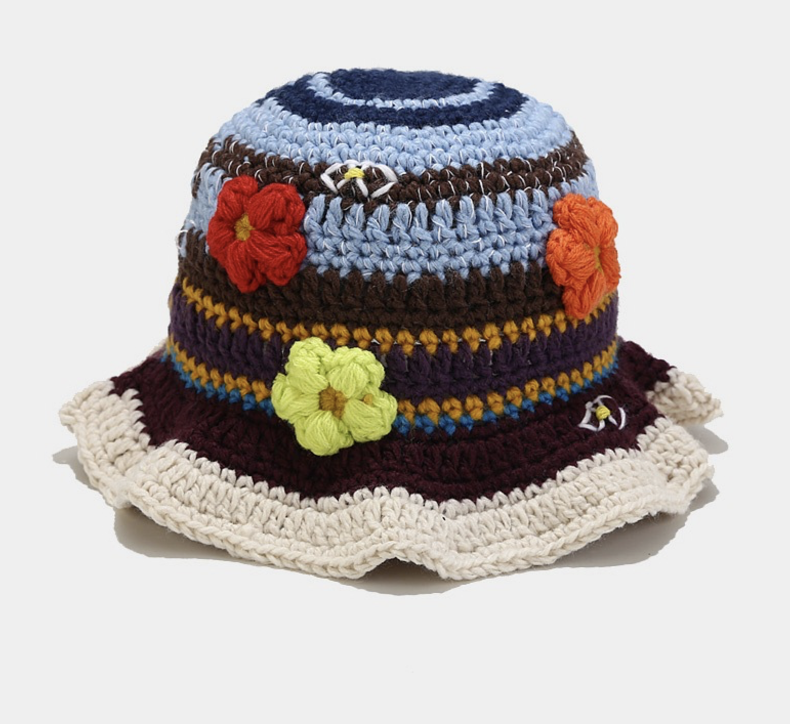 Bonnet tricoté fleurs multi couleurs boho boheme chic