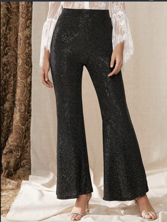 Pantalon à Paillettes Pour Femme - Pantalon Long Argenté Métallisé - Grandes Tailles - Élégant - Taille Haute - Évasé - Pantalon Festif - Jambes Larges - Pantalon Scintillant à Paillettes, Bleu, S