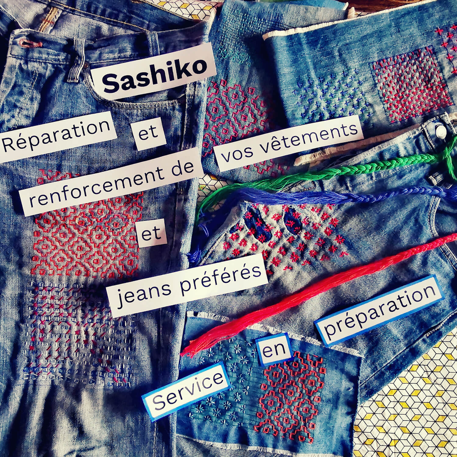 sashiko reparation de trout de jeans pas couturiere sawka