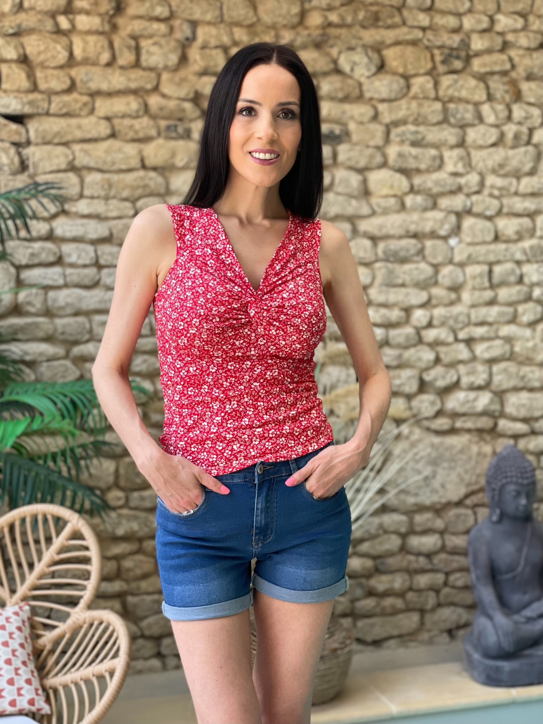 Top à col drappé ALBA à imprimé liberty coloris rouge