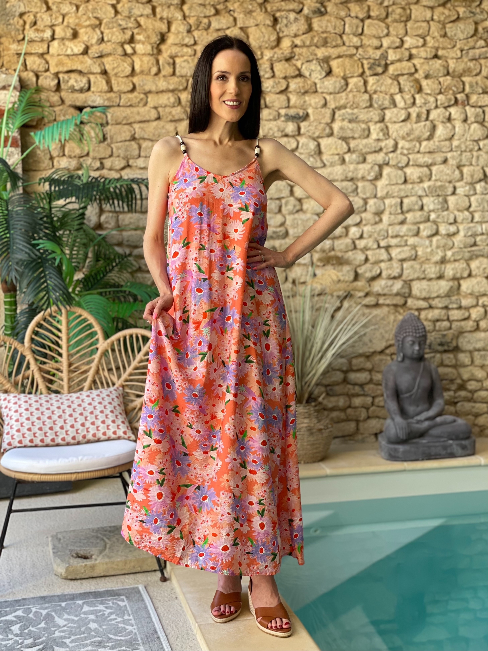 Robe longue à bretelles avec perles LAURINE à imprimé floral