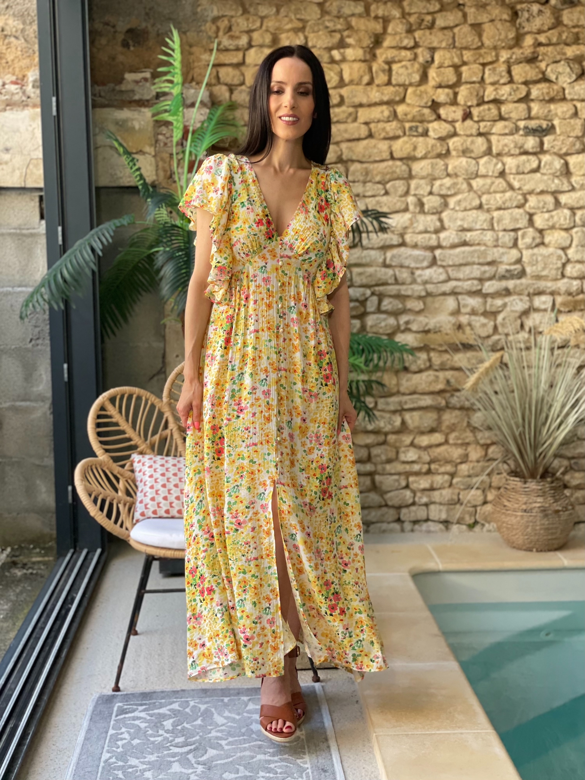 Robe longue à imprimé fleuri PRISCA coloris jaune