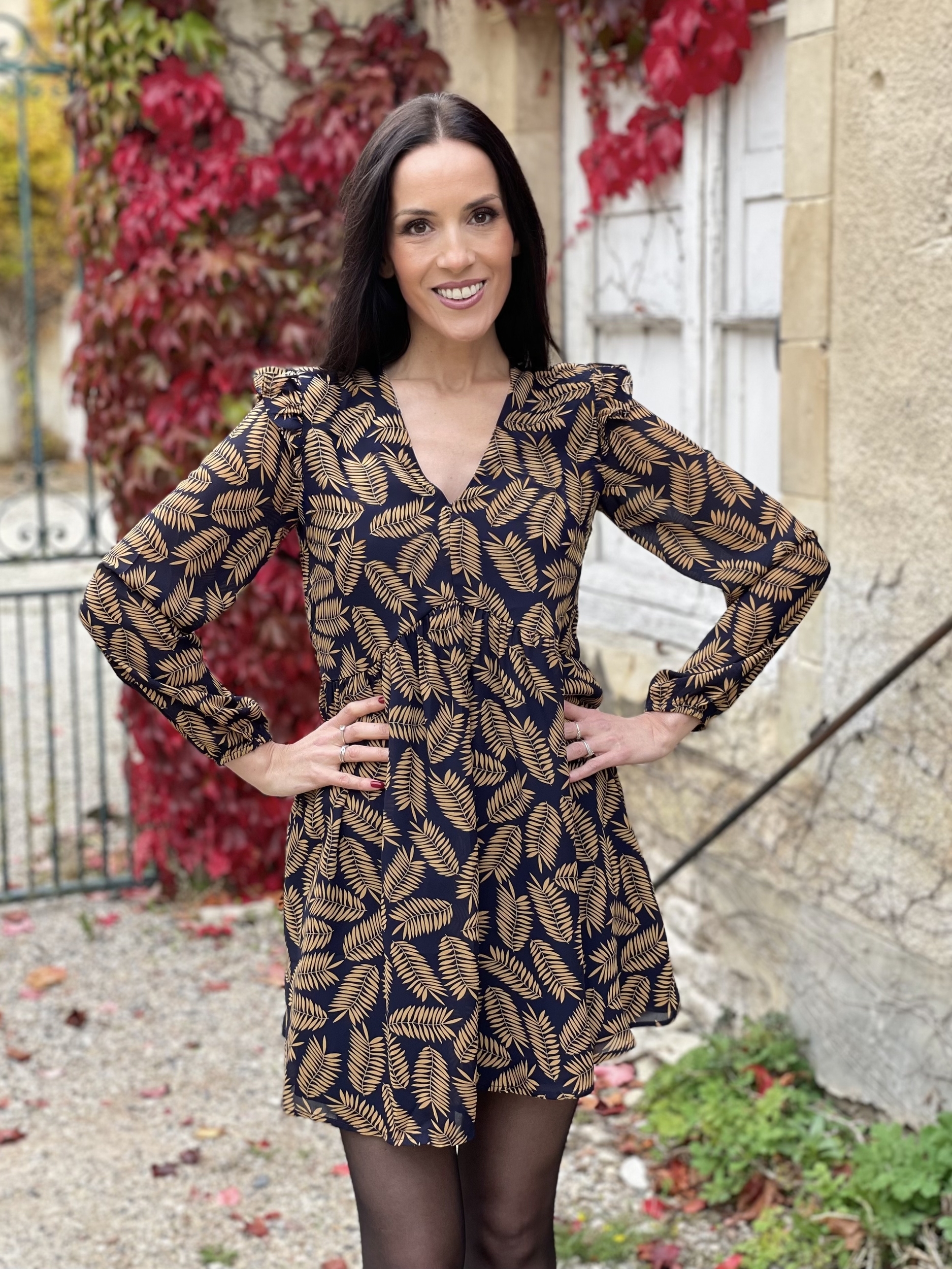Robe à imprimé feuillage BÉRANGÈRE coloris marine et camel