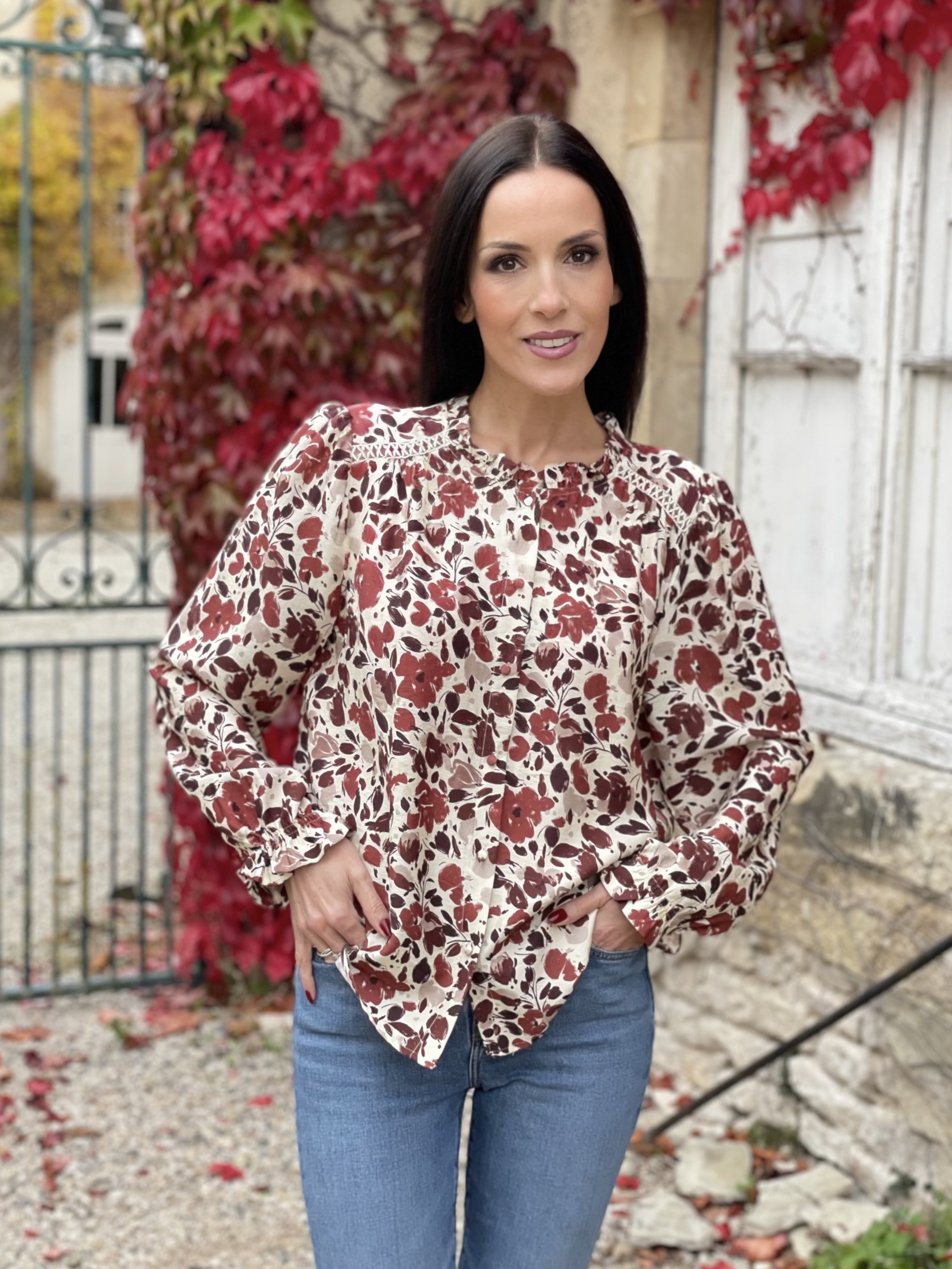 Blouse à imprimé automnal RACHEL coloris écru et marron