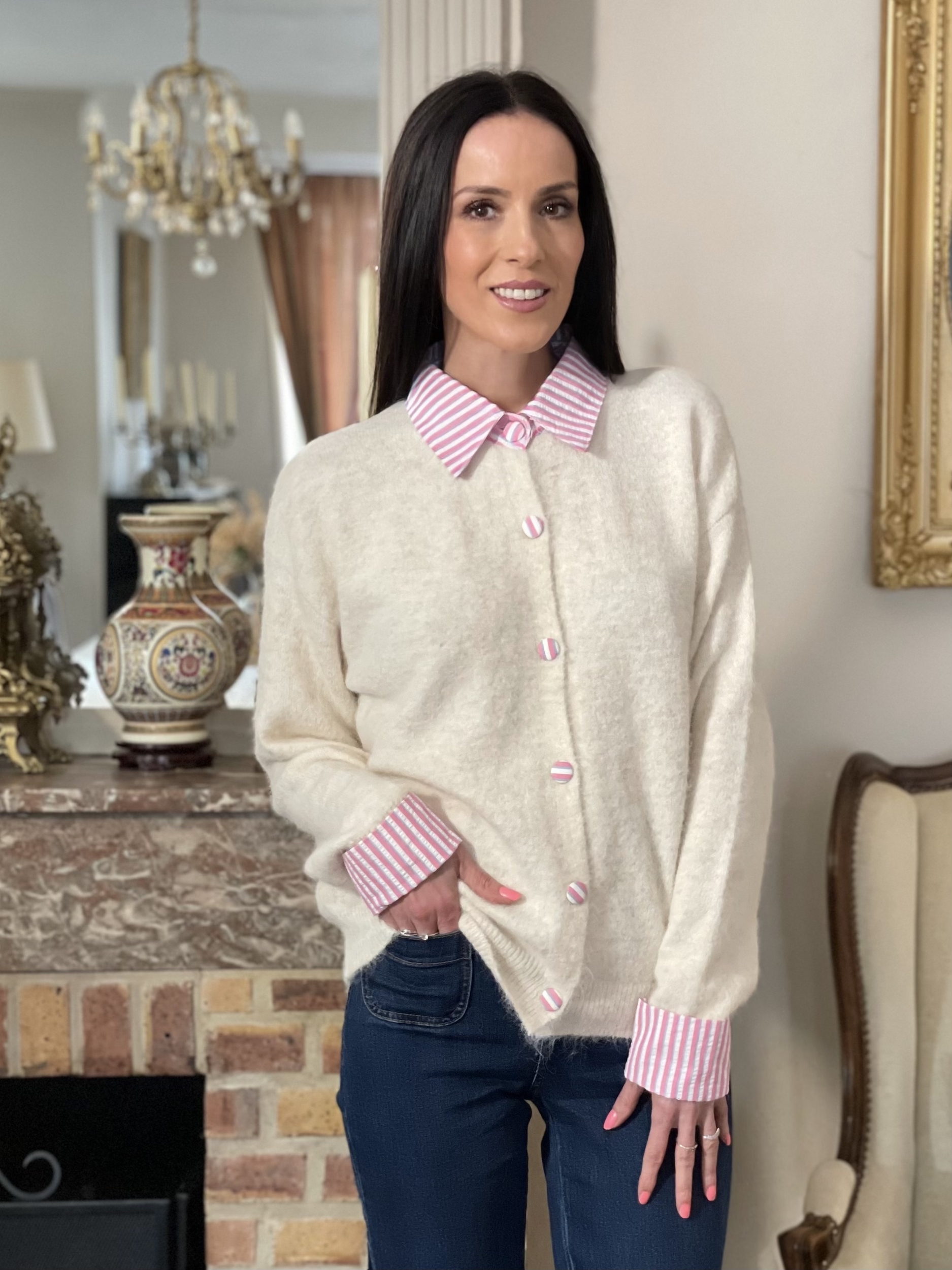 Gilet en maille avec col chemise rayé JULES coloris beige clair