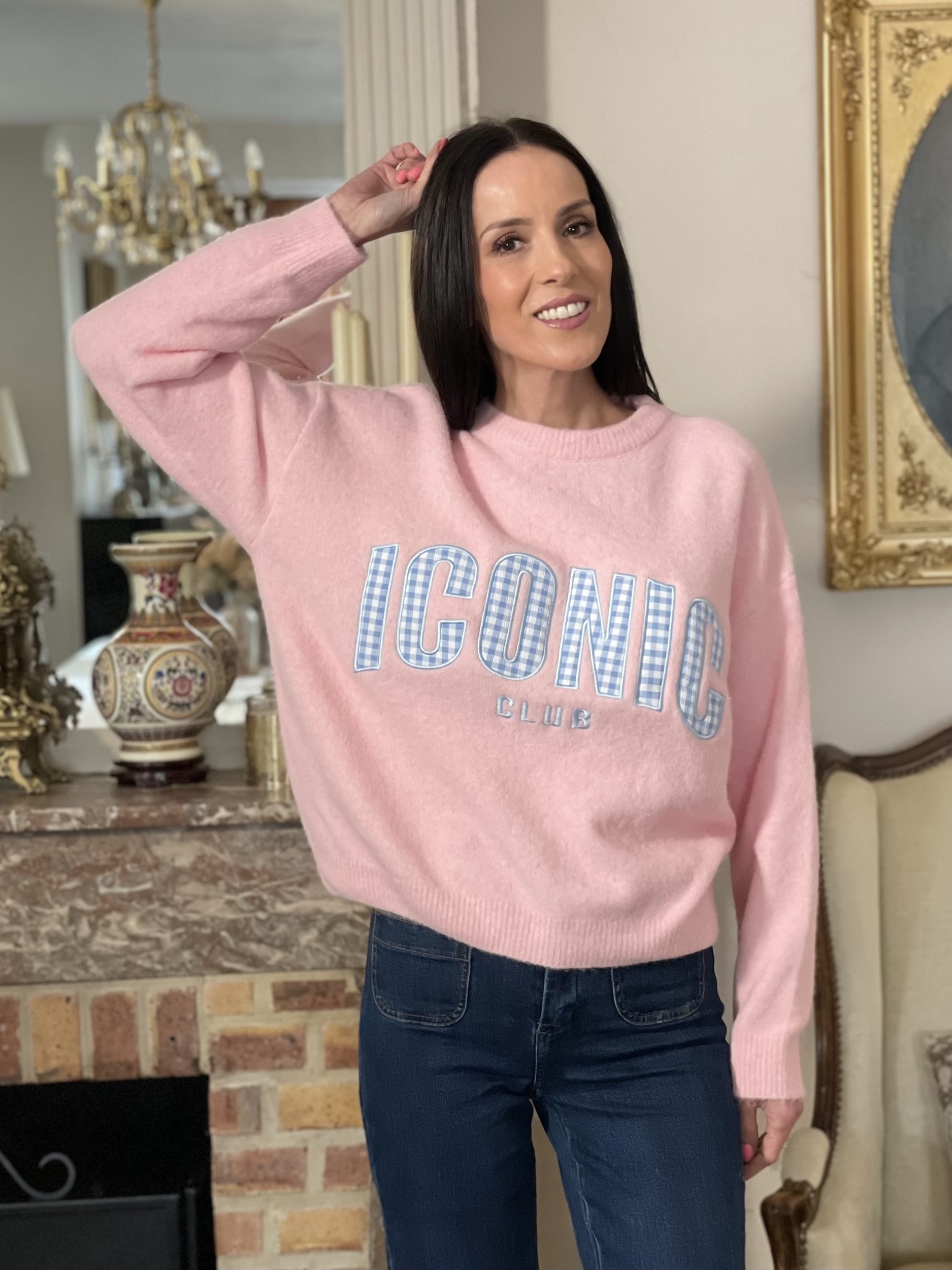 Pull en maille à motif vichy ICONIC coloris rose