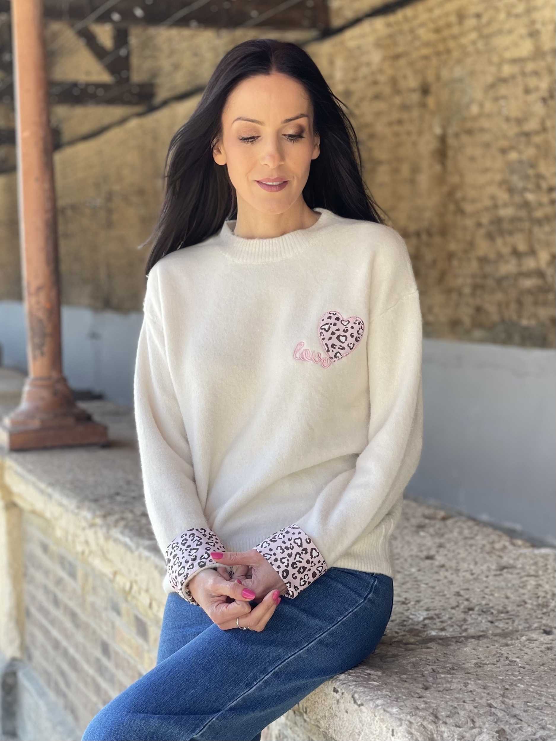 Pull en maille avec manches léopard LÉON coloris écru