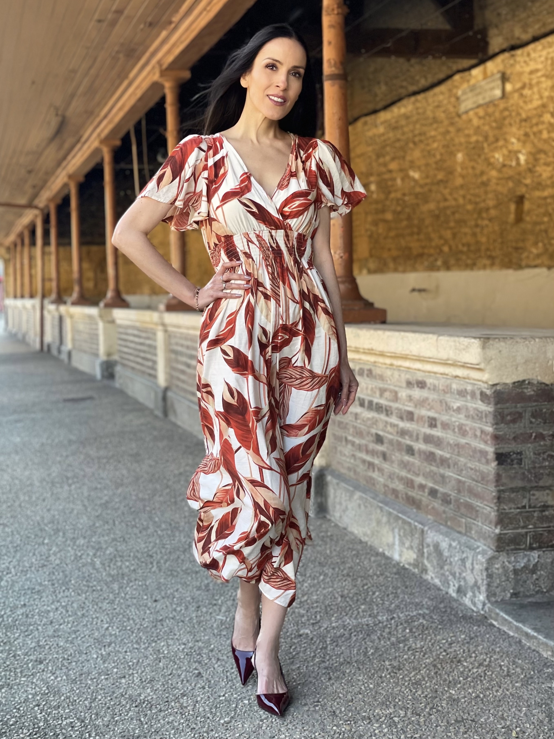 Robe longue à imprimé feuillage tropical DONELA coloris terracotta