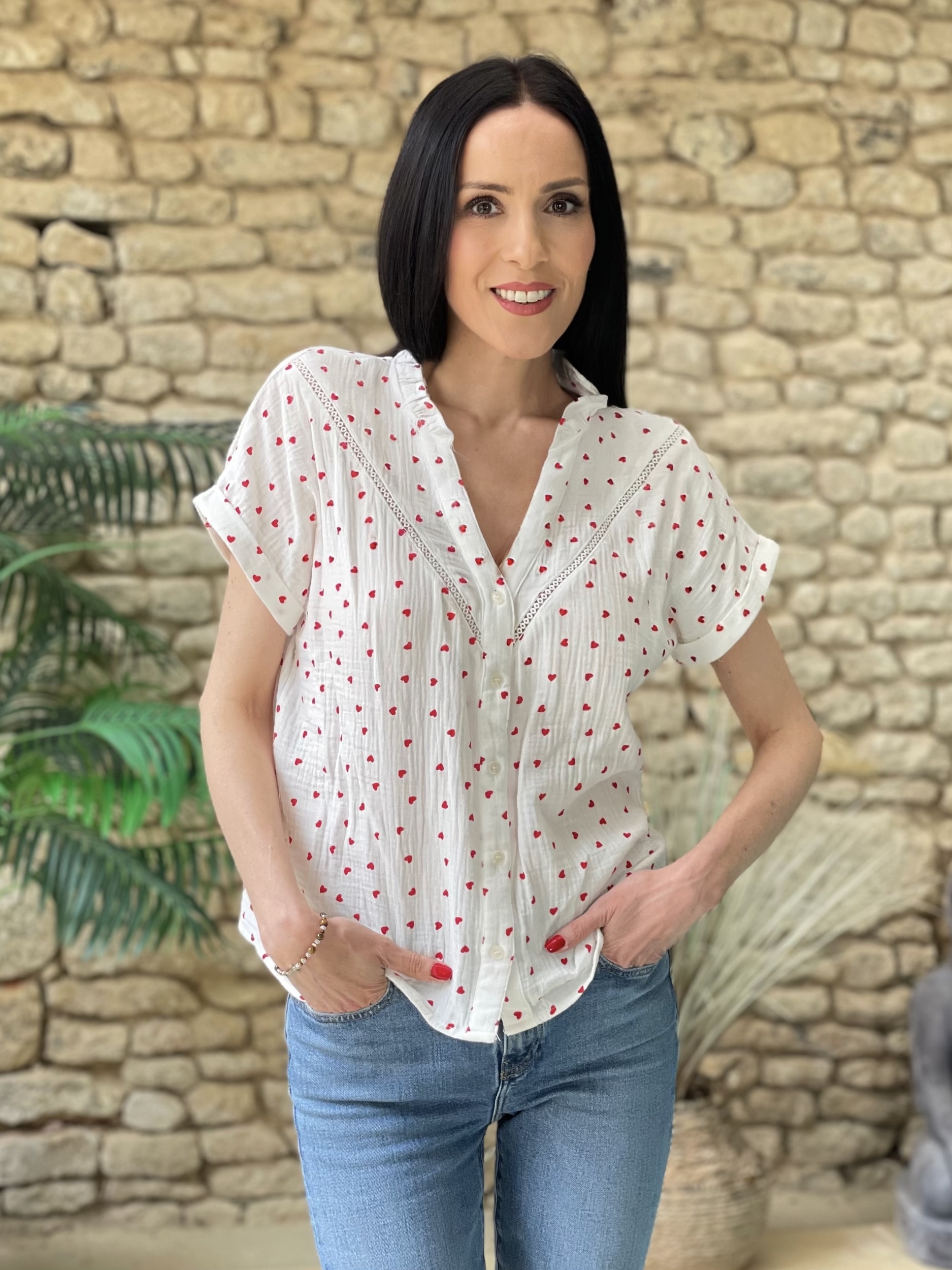 Blouse boutonnée à motifs coeurs FLAVIE coloris blanc