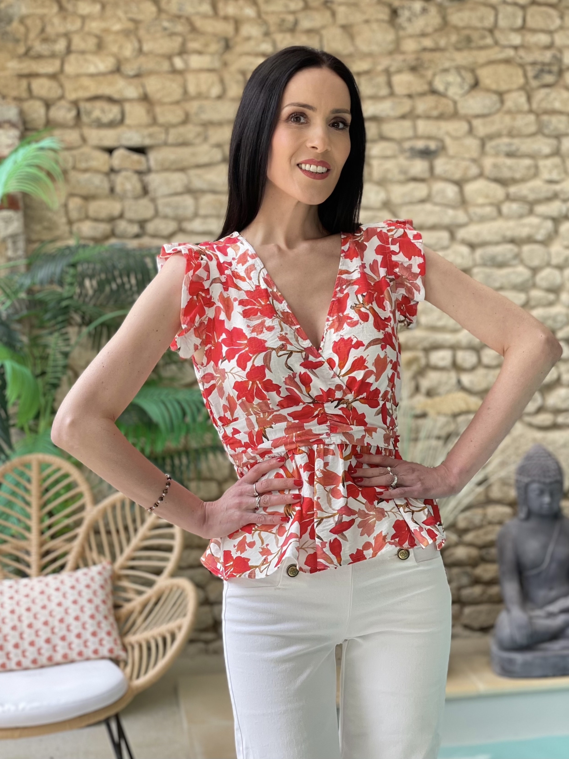 Top péplum à motif floral VAL coloris rouge et blanc