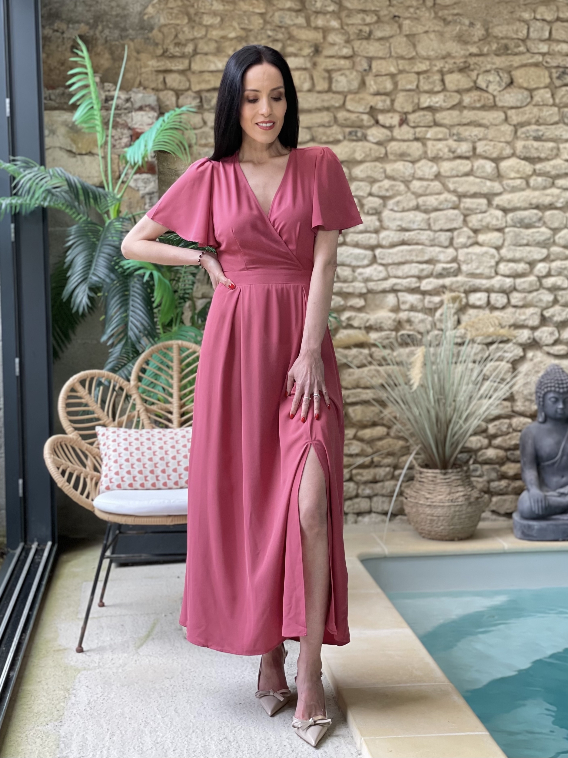 Robe longue avec noeud dans le dos MINA coloris vieux rose