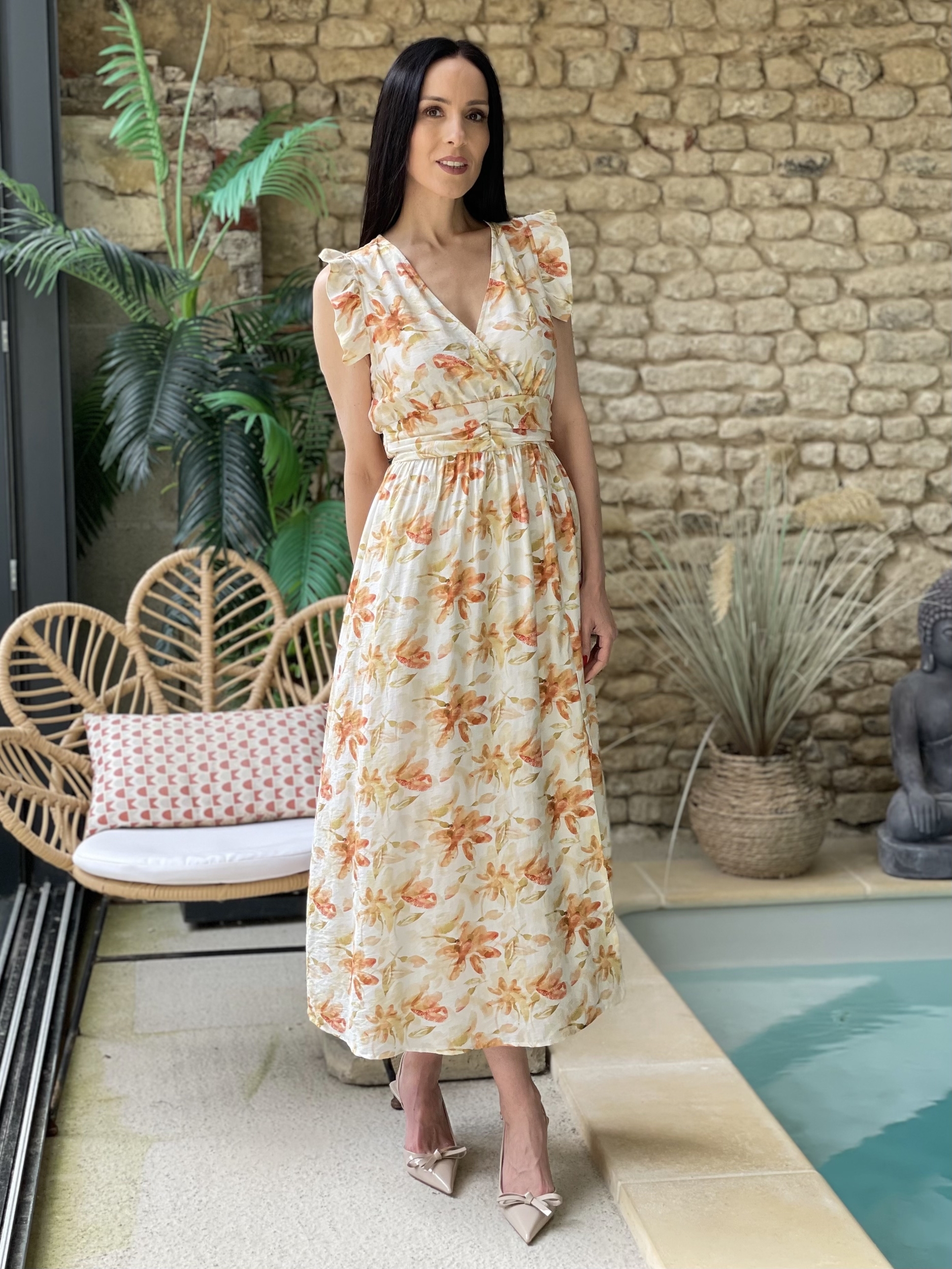 Robe longue à motif floral OSKA coloris écru et jaune