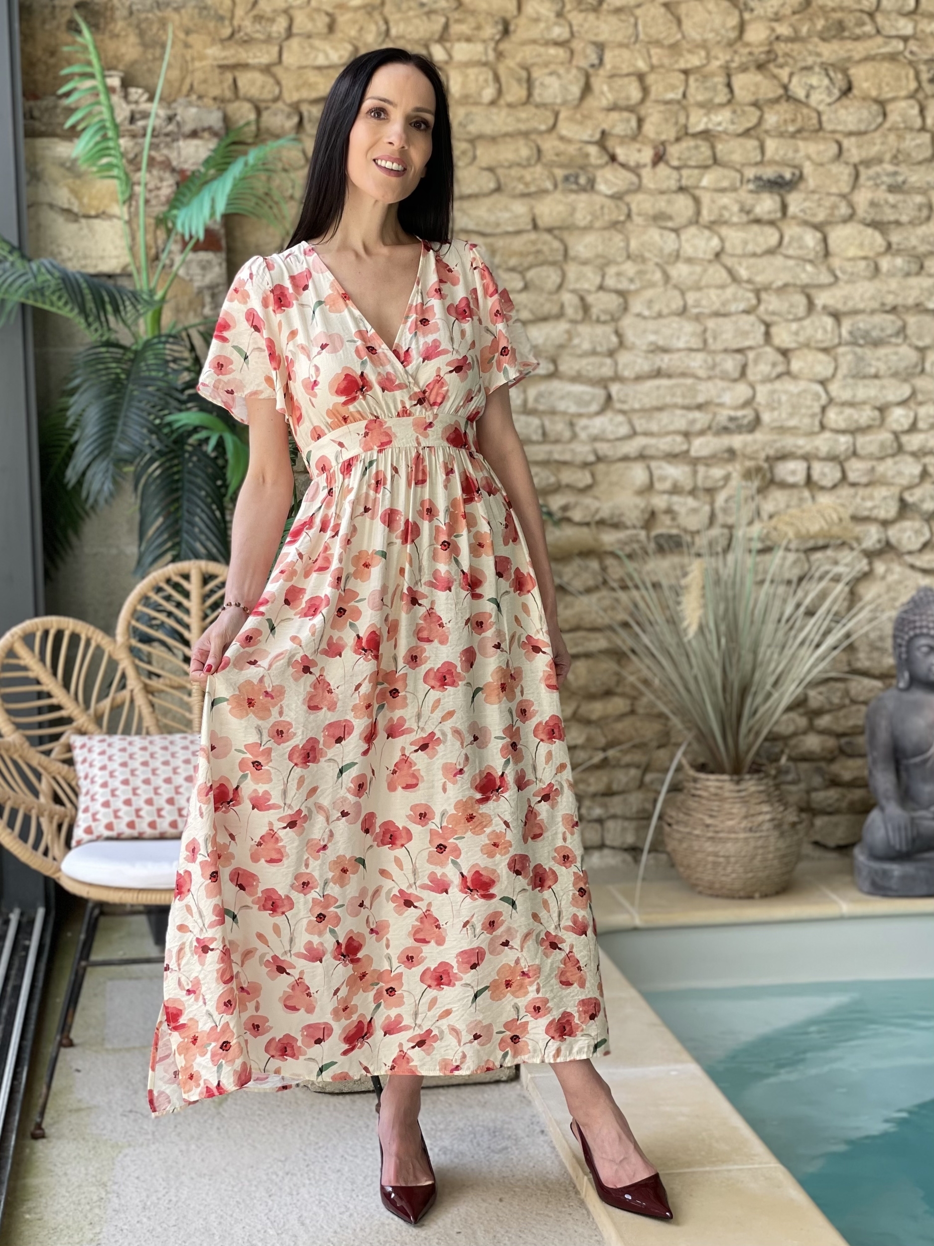 Robe longue à imprimé floral ROSALIA coloris écru et rose