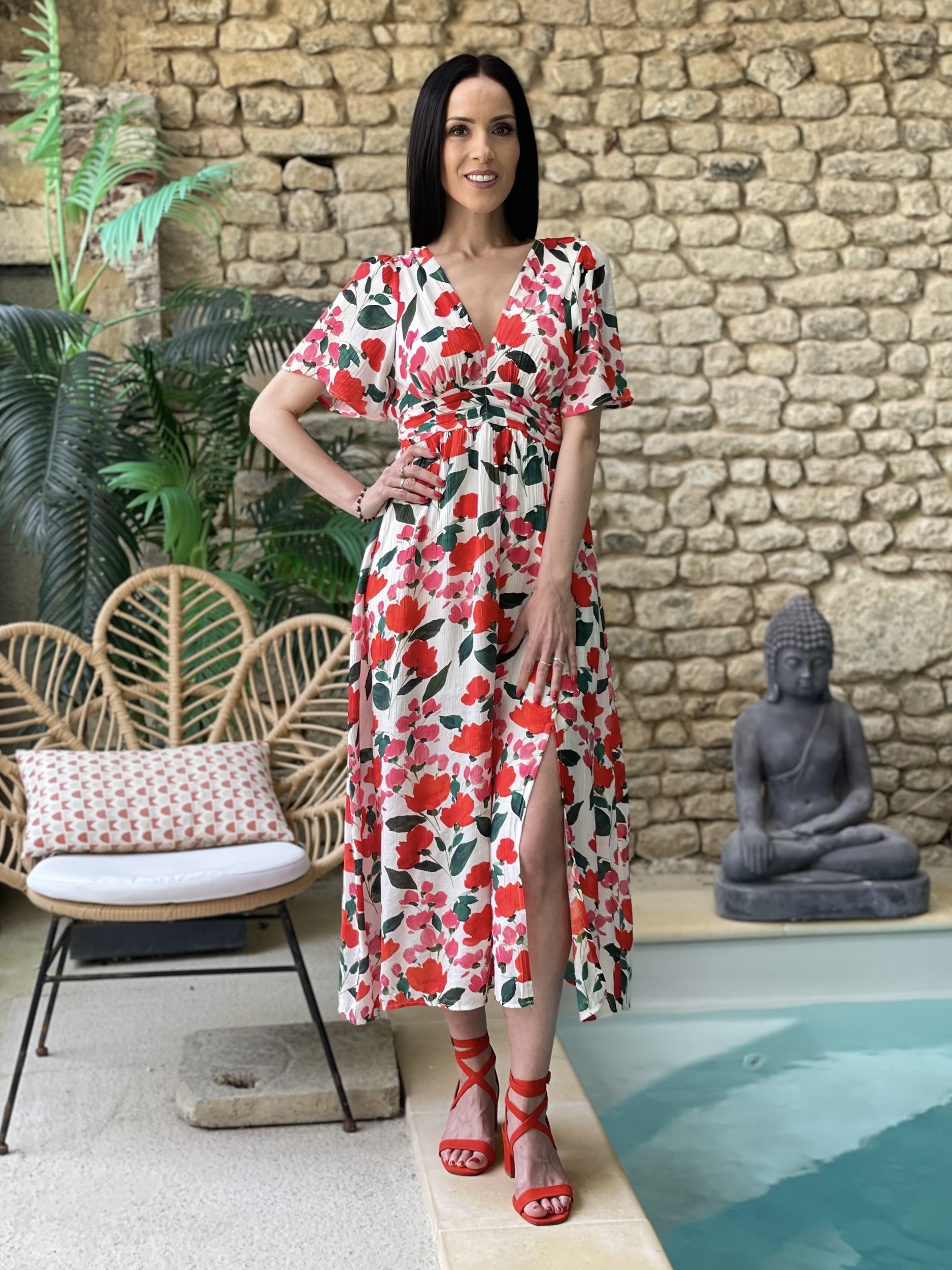 Robe longue à imprimé floral CARMEN coloris rouge, blanc et vert