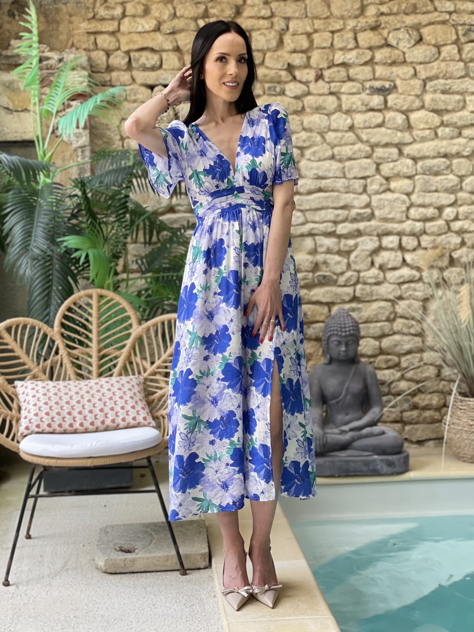 Robe longue à imprimé floral AZUR coloris bleu roi