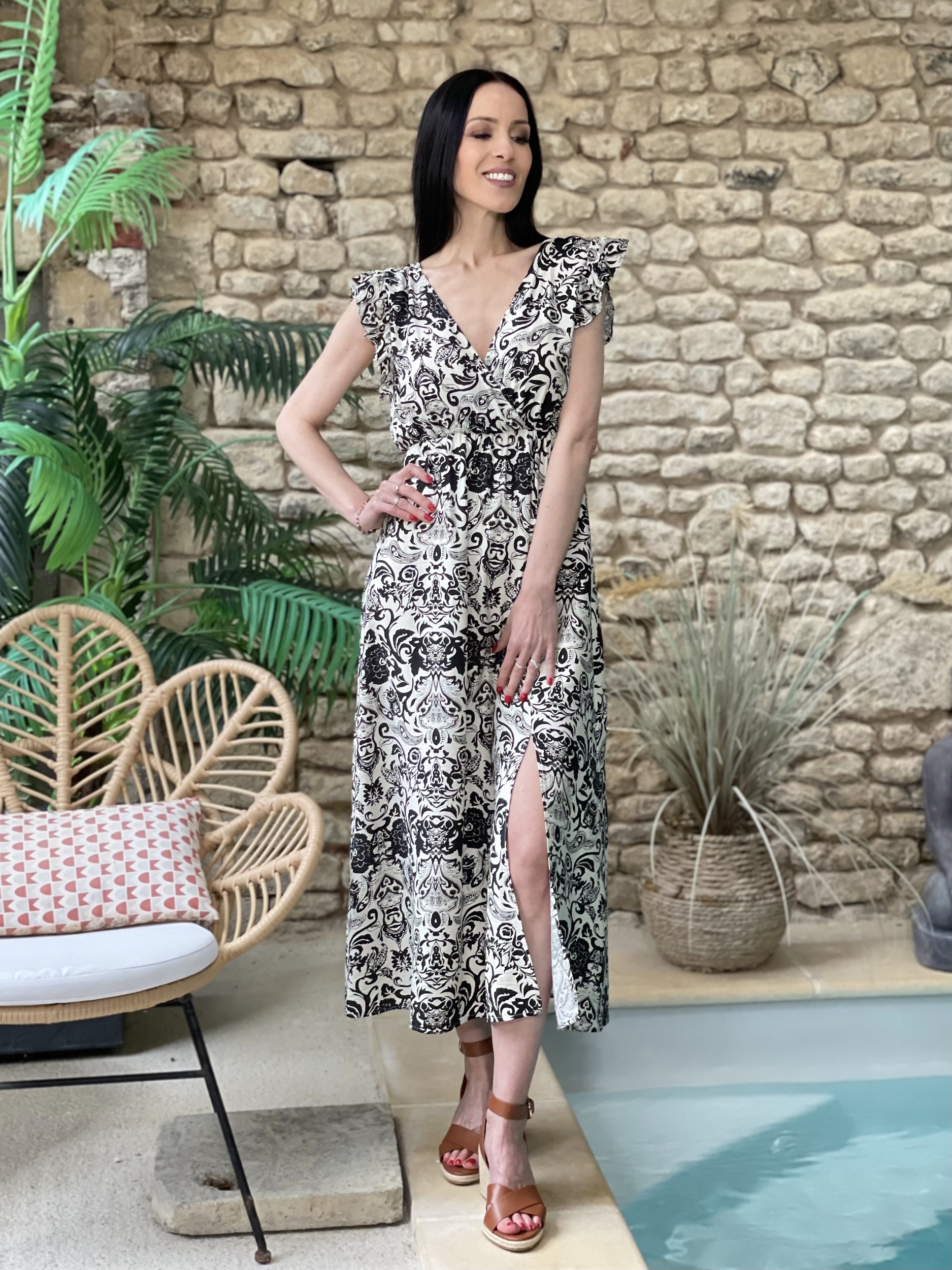 Robe longue à imprimé cachemire baroque JADE coloris noir et écru