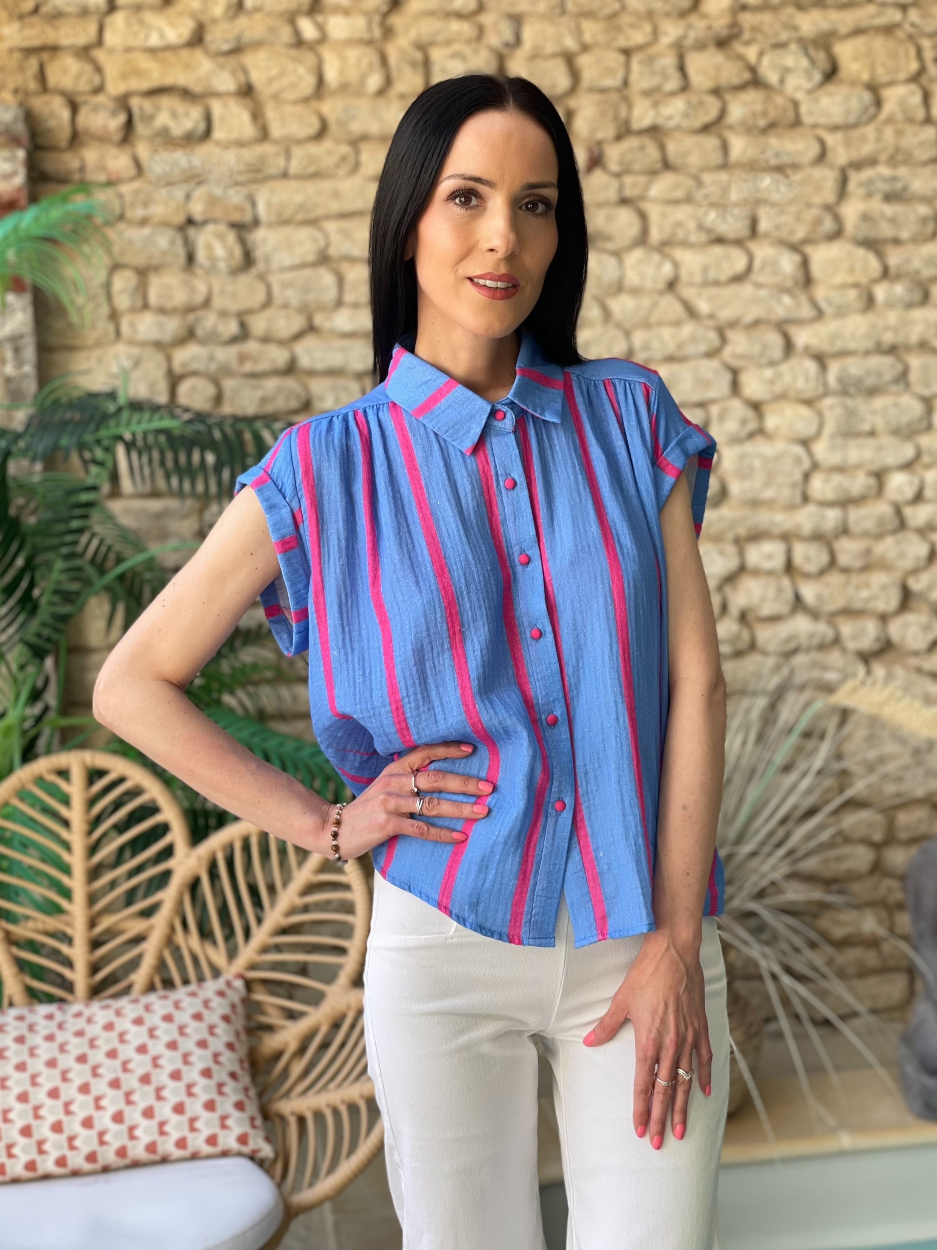Chemise à rayures SANDY coloris bleu et fuchsia