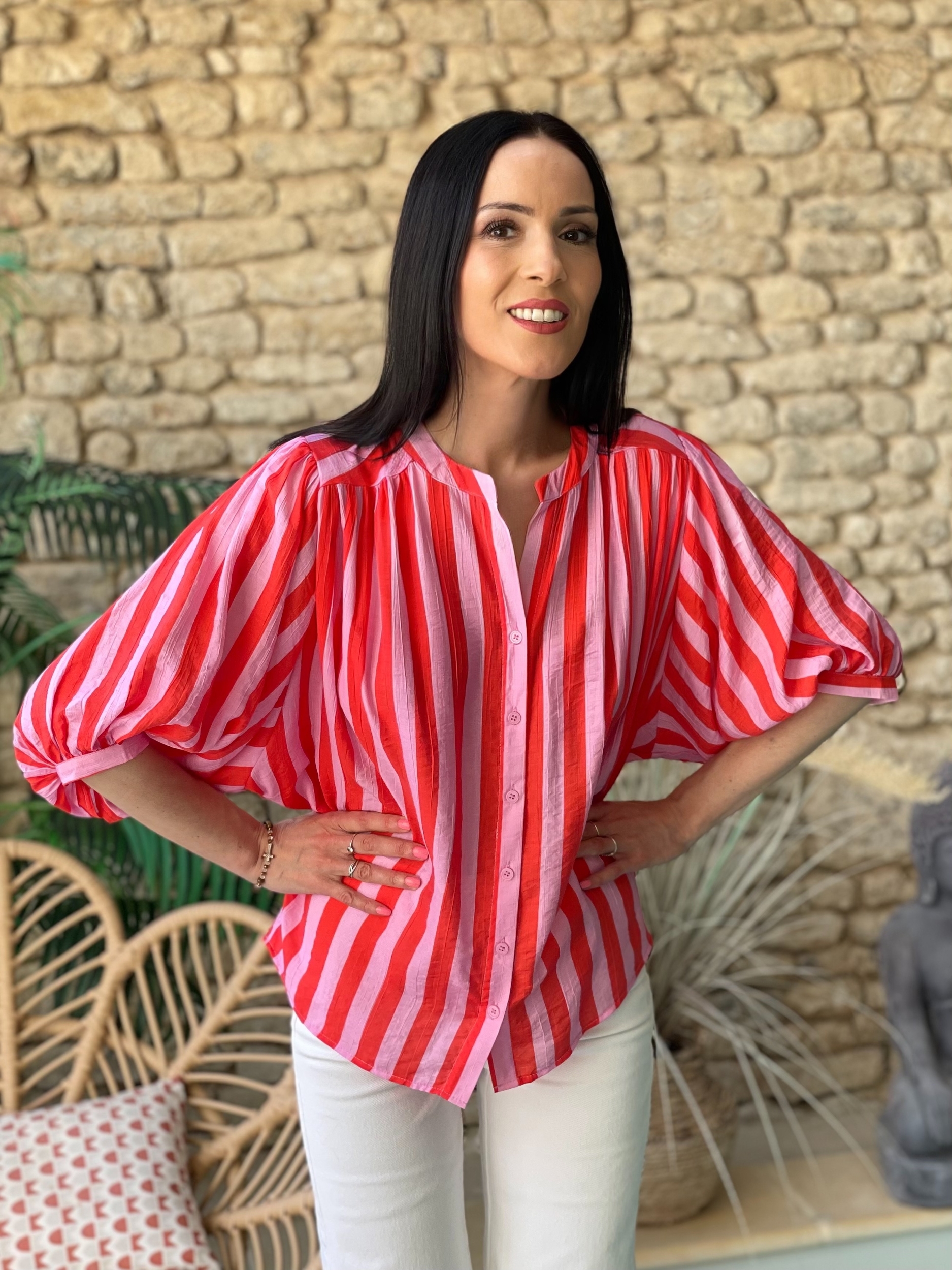 Blouse boutonnée à rayures SONIA coloris rouge et rose