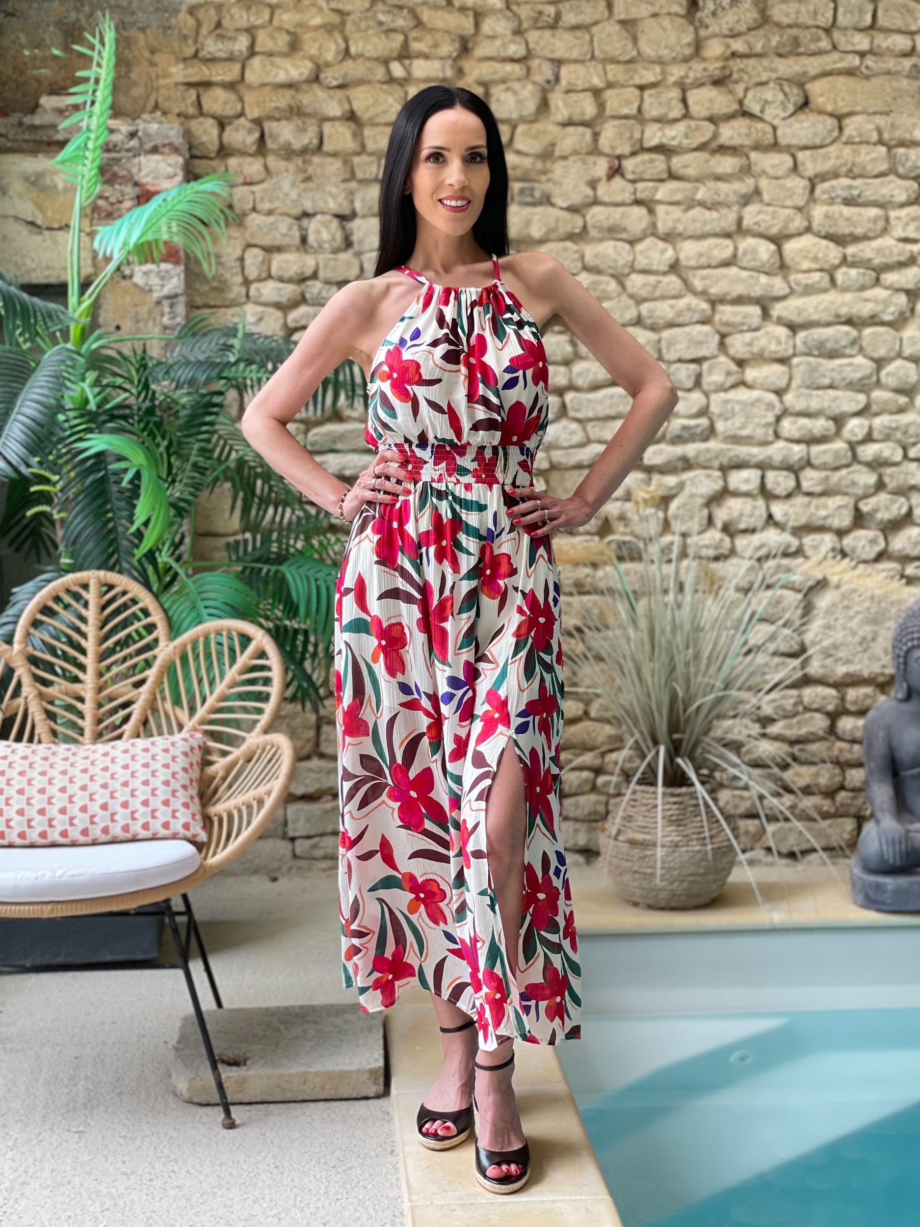 Robe longue avec encolure américaine LUCIA à imprimé floral