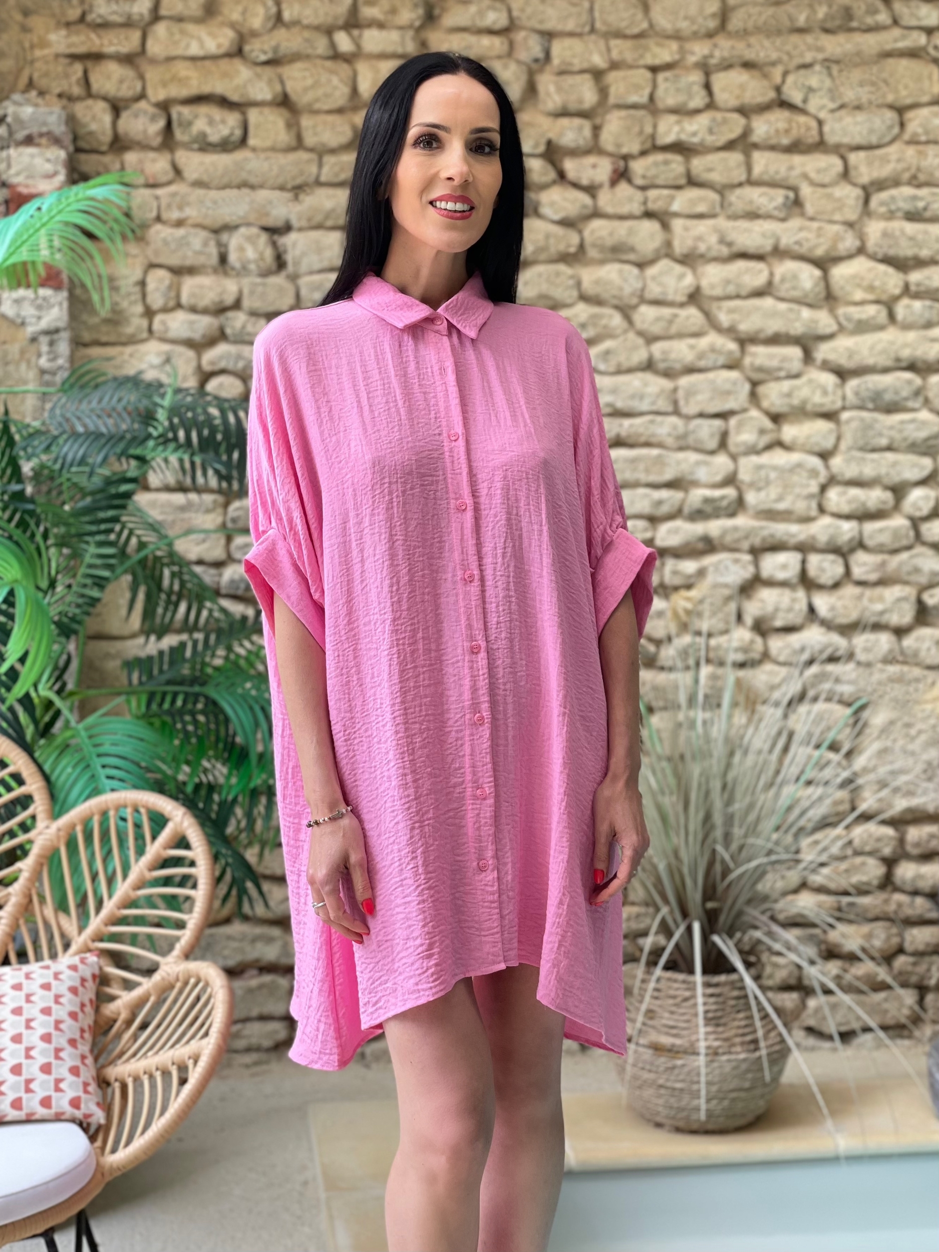 Robe chemise large unie MIRTA coloris rose