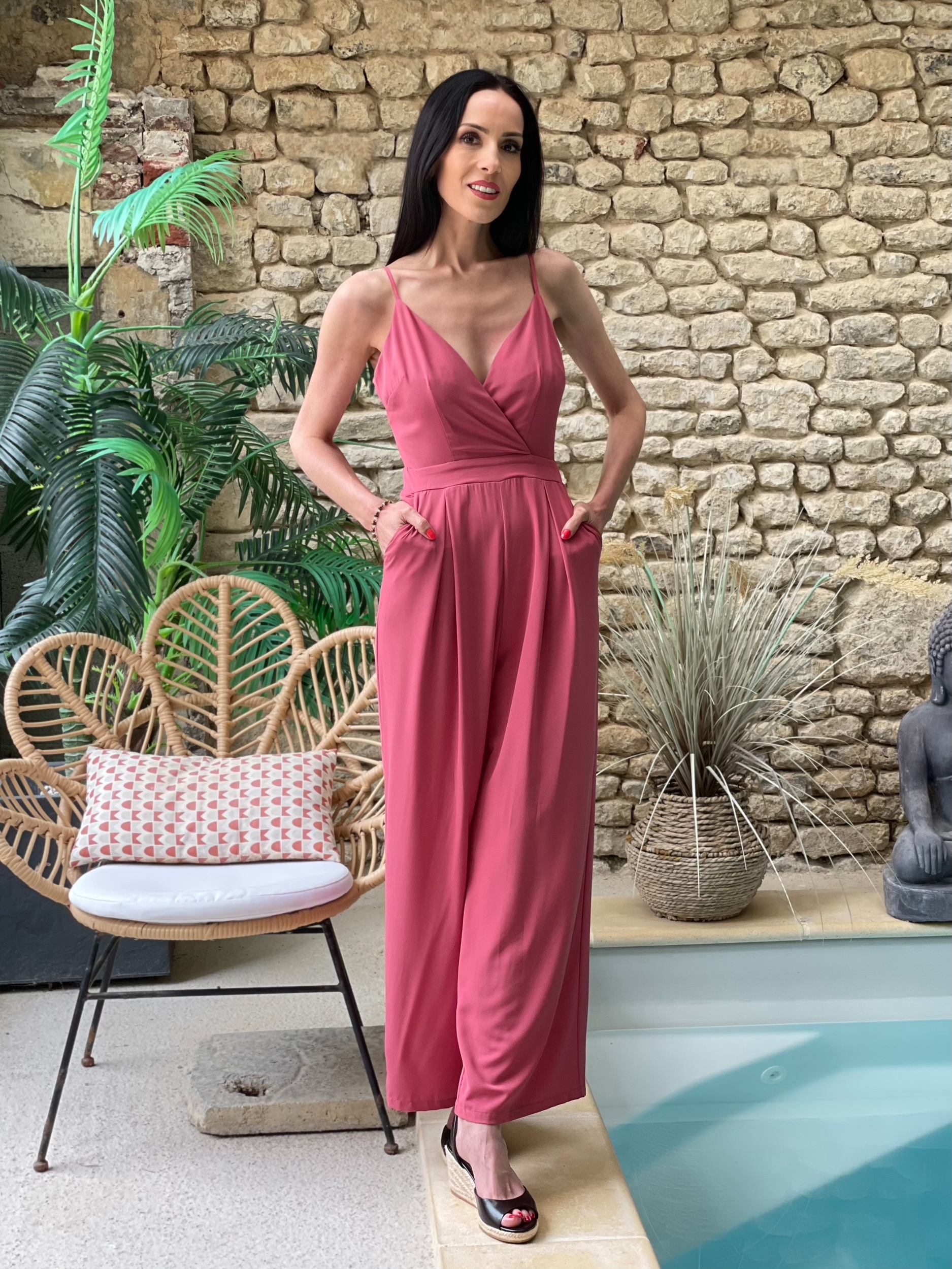Combinaison pantalon à bretelles avec noeud CLOTHILDE coloris vieux rose