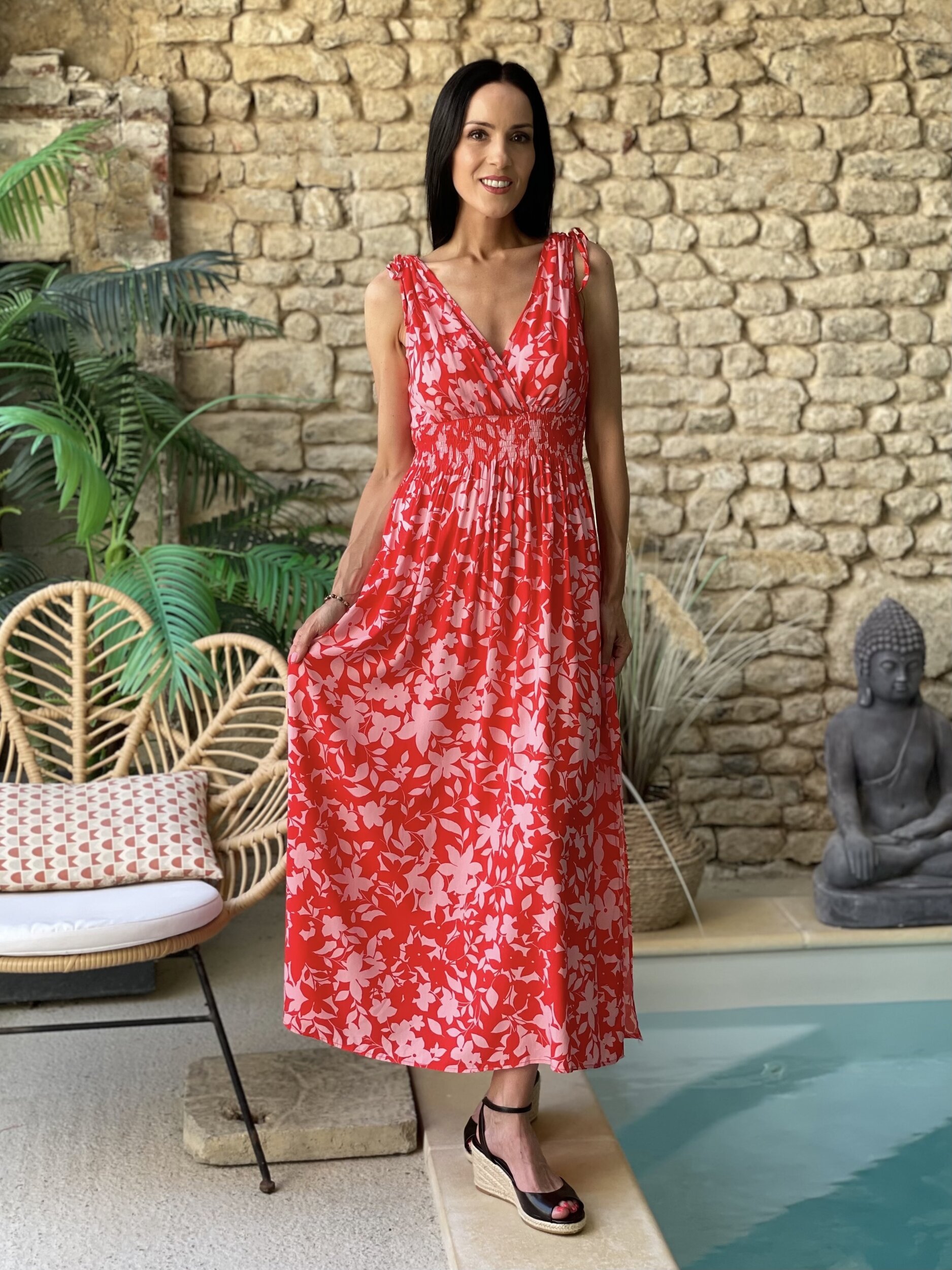 Robe longue à imprimé floral GRENADINE coloris rouge et rose